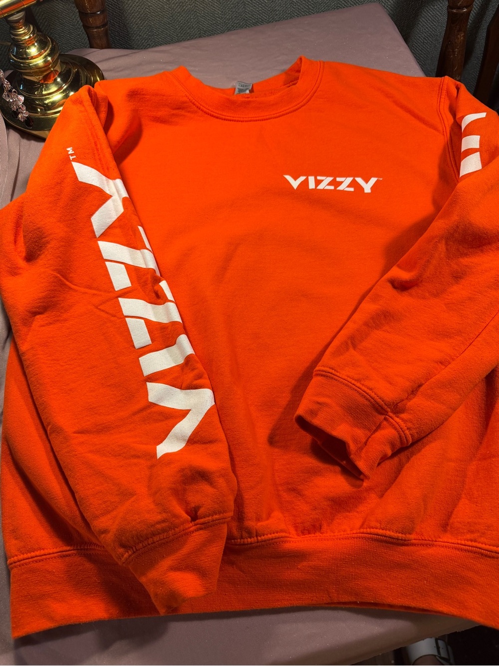 Gildan Orange Crewneck Sweatshirt with White VIZZY Sleeve and Chest Logo